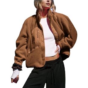 APAFES Women's Cropped Sherpa Lined Fleece Jacket Winter Warm Button Down Fuzzy Coats Shacket Outerwear with Pockets