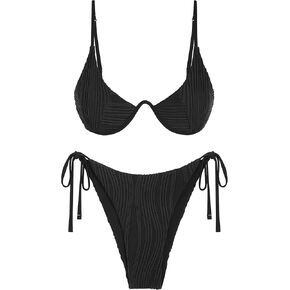 ZAFUL Women's Bikini Sets Ribbed Two Piece Swimsuits Underwire Adjustable Back Clasp Bathing Suit Side Tie Thong Swimwear