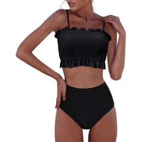 RXRXCOCO Womens Shirred Bandeau Bikini Cute Two Piece Swimsuit Off Shoulder High Waist Bathing Suit