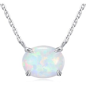 Sterling Silver Opal Necklace, 925 Sterling Silver, Small Dainty Oval Opal Jewelry for Women, Gemstone Necklaces, Womens Jewelry, Simple Rose Gold Necklaces for Women