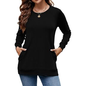 Hount Womens Round Neck Long Sleeve Shirts Casual Side Split Tunic Tops Loose Fitting Shirts with Pockets in Kuwait