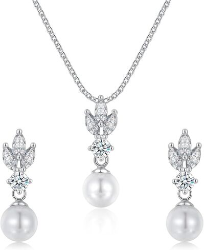 زد ار يو طقم مجوهرات للنساء من الفضة الاسترليني عيار 925 مكون من عقد واقراط متدلية مطلية بالذهب الابيض وحلق زركونيا مكعب لامع لحفلات الزفاف والحفلات الراقصة وهدايا العروس ووصيفة العروس in Kuwait