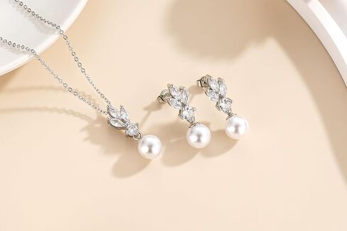 زد ار يو طقم مجوهرات للنساء من الفضة الاسترليني عيار 925 مكون من عقد واقراط متدلية مطلية بالذهب الابيض وحلق زركونيا مكعب لامع لحفلات الزفاف والحفلات الراقصة وهدايا العروس ووصيفة العروس in Kuwait