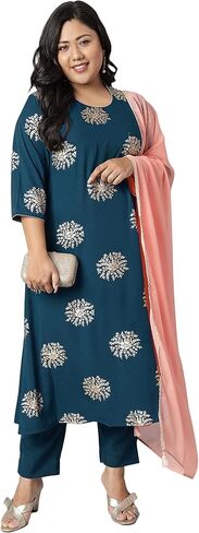 Janasya XL LOVE Indian Women's Plus Size Teal Poly Crepe Kurta with Pant and Dupatta in Saudi Arabia