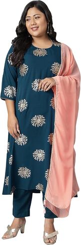 Janasya XL LOVE Indian Women's Plus Size Teal Poly Crepe Kurta with Pant and Dupatta in Saudi Arabia