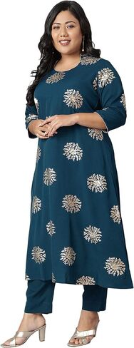 Janasya XL LOVE Indian Women's Plus Size Teal Poly Crepe Kurta with Pant and Dupatta in Saudi Arabia