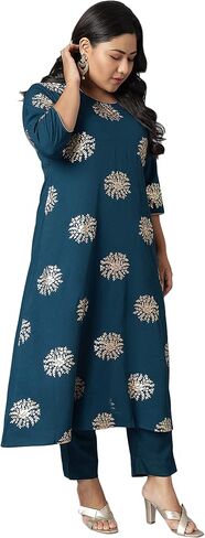 Janasya XL LOVE Indian Women's Plus Size Teal Poly Crepe Kurta with Pant and Dupatta in Saudi Arabia