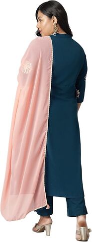 Janasya XL LOVE Indian Women's Plus Size Teal Poly Crepe Kurta with Pant and Dupatta in Saudi Arabia