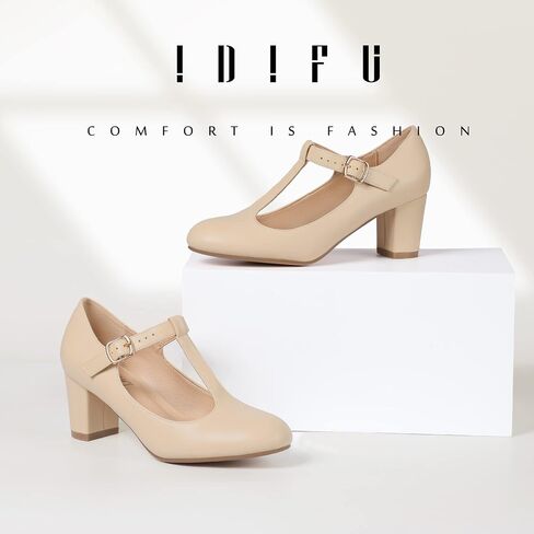 IDIFU Women's Pumps Dress Shoes for Women Mary Jane Low Chunky Closed Toe T-Strap Womens Dress Shoes Wedding Shoes for Bride Black Nude Silver Heels for Women in Kuwait