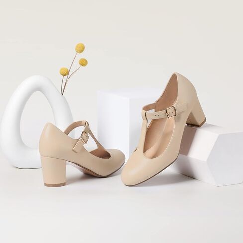 IDIFU Women's Pumps Dress Shoes for Women Mary Jane Low Chunky Closed Toe T-Strap Womens Dress Shoes Wedding Shoes for Bride Black Nude Silver Heels for Women in Kuwait