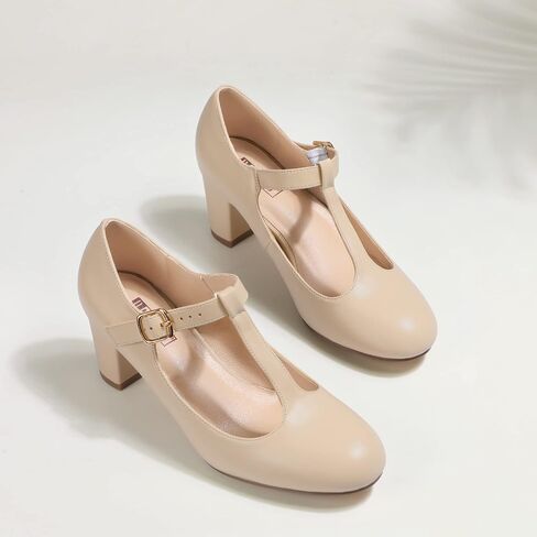 IDIFU Women's Pumps Dress Shoes for Women Mary Jane Low Chunky Closed Toe T-Strap Womens Dress Shoes Wedding Shoes for Bride Black Nude Silver Heels for Women in Kuwait