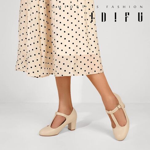 IDIFU Women's Pumps Dress Shoes for Women Mary Jane Low Chunky Closed Toe T-Strap Womens Dress Shoes Wedding Shoes for Bride Black Nude Silver Heels for Women in Kuwait