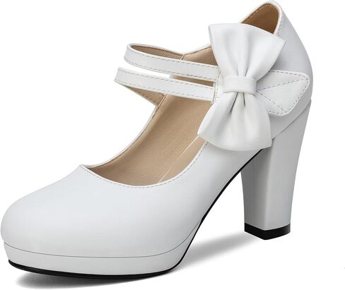 100FIXEO Chic Mary Jane Shoes Women Heels and Pumps Ladies Block High Heel Sweet Ankle Strap Dress Pumps Hook and Loop Bow Heels Closed Toe in Kuwait