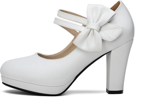 100FIXEO Chic Mary Jane Shoes Women Heels and Pumps Ladies Block High Heel Sweet Ankle Strap Dress Pumps Hook and Loop Bow Heels Closed Toe in Kuwait