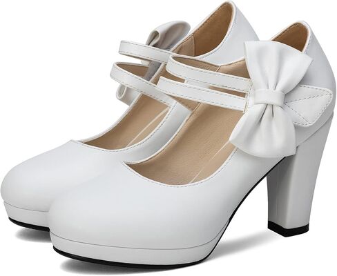 100FIXEO Chic Mary Jane Shoes Women Heels and Pumps Ladies Block High Heel Sweet Ankle Strap Dress Pumps Hook and Loop Bow Heels Closed Toe in Kuwait