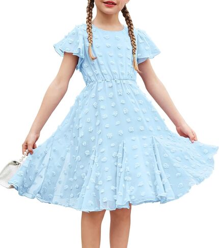 Arshiner Girls Girly Dress Swiss Dot Ruffle Short Sleeve Twirly Cute Dresses for 5-12 Years Old in Kuwait