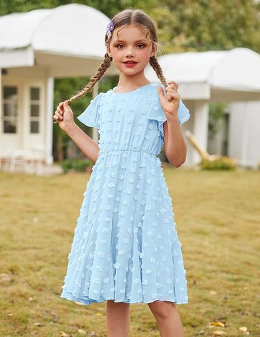 Arshiner Girls Girly Dress Swiss Dot Ruffle Short Sleeve Twirly Cute Dresses for 5-12 Years Old in Kuwait