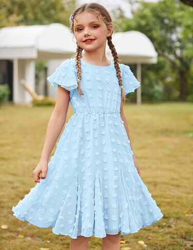 Arshiner Girls Girly Dress Swiss Dot Ruffle Short Sleeve Twirly Cute Dresses for 5-12 Years Old in Kuwait