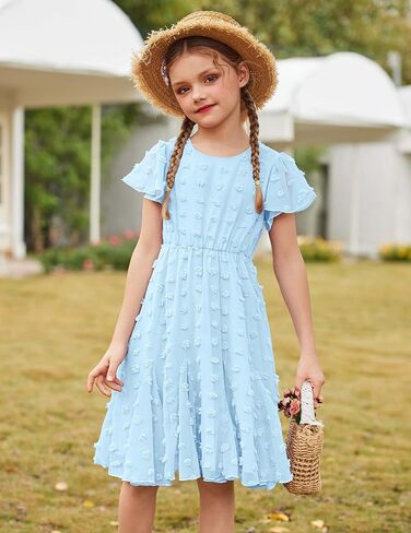 Arshiner Girls Girly Dress Swiss Dot Ruffle Short Sleeve Twirly Cute Dresses for 5-12 Years Old in Kuwait