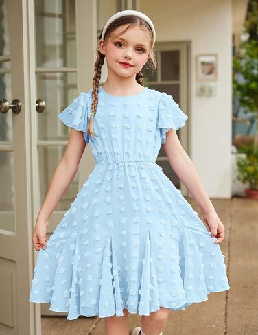 Arshiner Girls Girly Dress Swiss Dot Ruffle Short Sleeve Twirly Cute Dresses for 5-12 Years Old in Kuwait