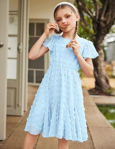 Arshiner Girls Girly Dress Swiss Dot Ruffle Short Sleeve Twirly Cute Dresses for 5-12 Years Old in Kuwait