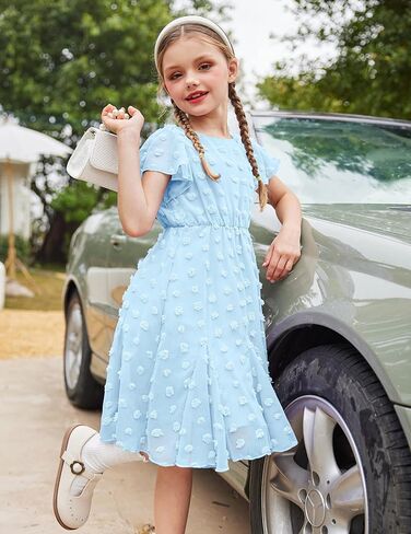 Arshiner Girls Girly Dress Swiss Dot Ruffle Short Sleeve Twirly Cute Dresses for 5-12 Years Old in Kuwait