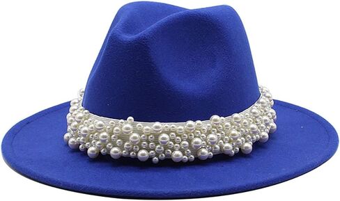 قبعات فيدورا سوداء من Qkrlamx للنساء قبعة من الصوف بنما مع شريط لؤلؤي قبعة عريضة الحافة قبعة تريلبي كلاسيكية in Kuwait