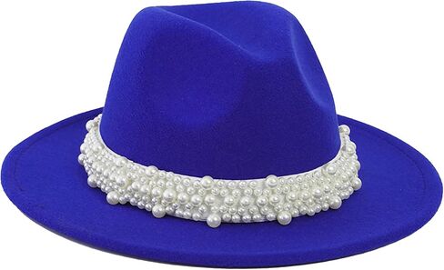 قبعات فيدورا سوداء من Qkrlamx للنساء قبعة من الصوف بنما مع شريط لؤلؤي قبعة عريضة الحافة قبعة تريلبي كلاسيكية in Kuwait