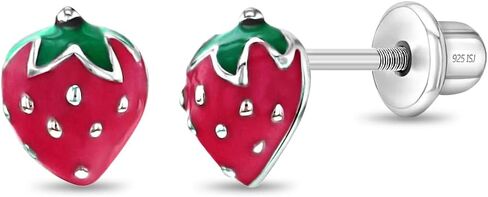 925 Sterling Silver Enamel Strawberry Stud Earrings for Toddlers & Little Girls - Stylish Strawberry Screw Backs for Girls- Colorful Fruit Screw Back Earrings for Everyday Use in Saudi Arabia