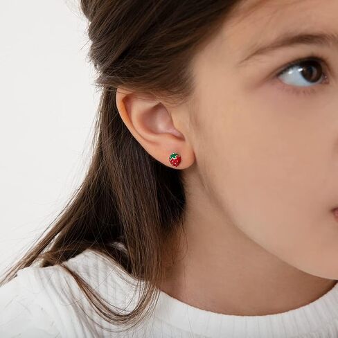925 Sterling Silver Enamel Strawberry Stud Earrings for Toddlers & Little Girls - Stylish Strawberry Screw Backs for Girls- Colorful Fruit Screw Back Earrings for Everyday Use in Saudi Arabia