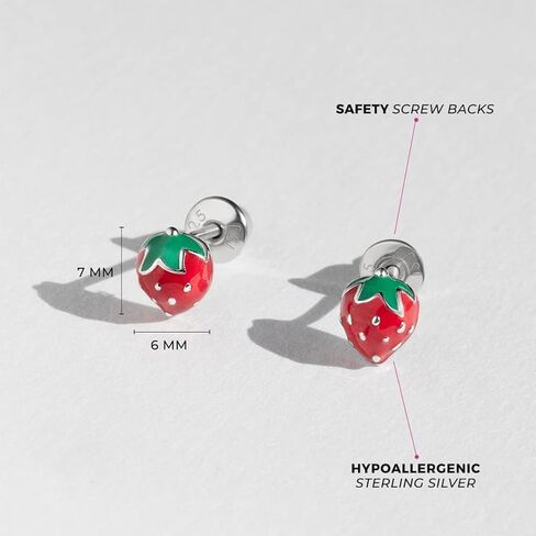 925 Sterling Silver Enamel Strawberry Stud Earrings for Toddlers & Little Girls - Stylish Strawberry Screw Backs for Girls- Colorful Fruit Screw Back Earrings for Everyday Use in Saudi Arabia
