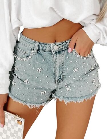 شورت نسائي من happlan متوسط ​​الارتفاع مزين بأحجار الراين واللؤلؤ in Kuwait