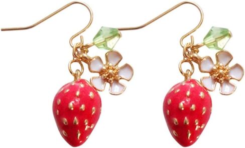 3D لطيف الحلو الفراولة الحمراء سحر الأزرار الزهور الذهبية زهرة الكرز الأبيض 18K الذهب مطلي استرخى القرط in Kuwait