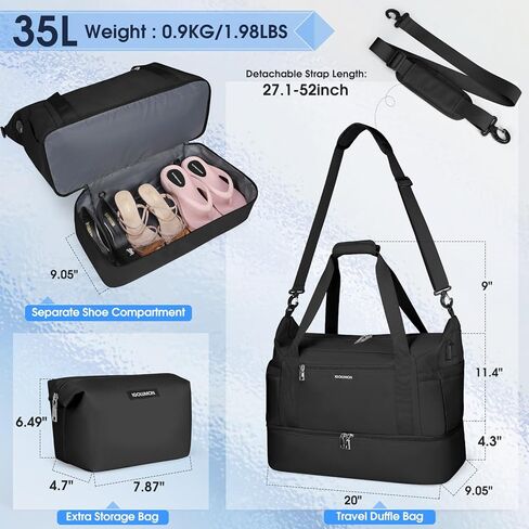 حقائب سفر من القماش الخشن للنساء مقاومة للماء في عطلة نهاية الأسبوع طوال الليل، حقيبة حمل في صالة الألعاب الرياضية مع حجرة للأحذية وجيب مبلل في عطلة نهاية الأسبوع، حقيبة دفل مع منفذ شحن USB، أسود in Kuwait