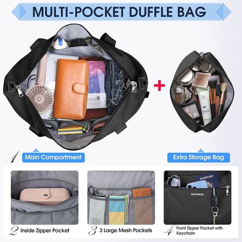 حقائب سفر من القماش الخشن للنساء مقاومة للماء في عطلة نهاية الأسبوع طوال الليل، حقيبة حمل في صالة الألعاب الرياضية مع حجرة للأحذية وجيب مبلل في عطلة نهاية الأسبوع، حقيبة دفل مع منفذ شحن USB، أسود in Kuwait