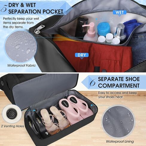 حقائب سفر من القماش الخشن للنساء مقاومة للماء في عطلة نهاية الأسبوع طوال الليل، حقيبة حمل في صالة الألعاب الرياضية مع حجرة للأحذية وجيب مبلل في عطلة نهاية الأسبوع، حقيبة دفل مع منفذ شحن USB، أسود in Kuwait