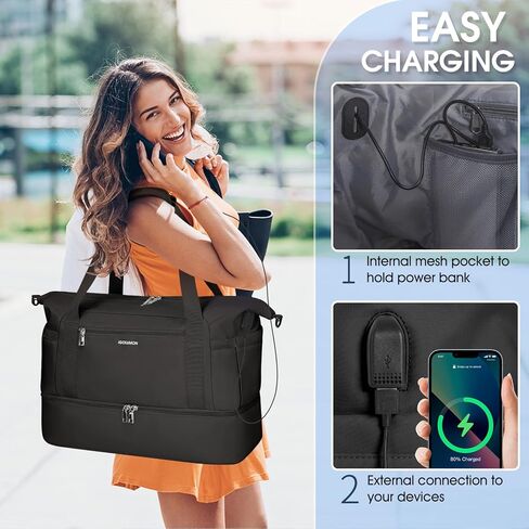 حقائب سفر من القماش الخشن للنساء مقاومة للماء في عطلة نهاية الأسبوع طوال الليل، حقيبة حمل في صالة الألعاب الرياضية مع حجرة للأحذية وجيب مبلل في عطلة نهاية الأسبوع، حقيبة دفل مع منفذ شحن USB، أسود in Kuwait