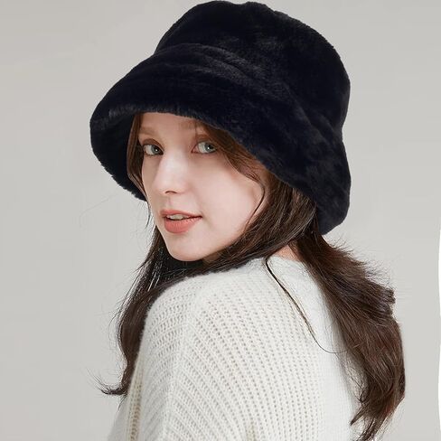 HH HOFNEN Winter Bucket Hat Fluffy Faux Fur Fisherman Plush Warm Hats Cute Fuzzy Bucket Hat for Women in Kuwait