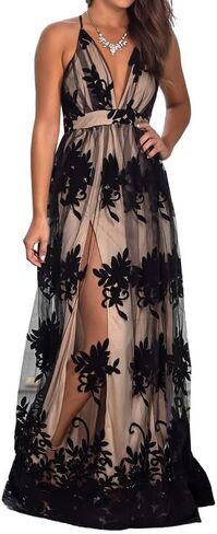 Dokotoo Womens 2023 Formal Dresses Plunging V-Neck Embroidered Floral Lace Mesh Velvet Maxi Dress in Kuwait