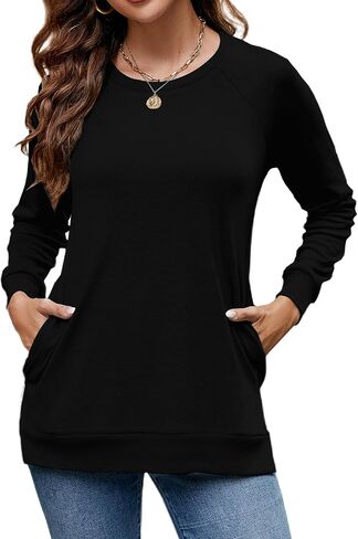 Hount Womens Round Neck Long Sleeve Shirts Casual Side Split Tunic Tops Loose Fitting Shirts with Pockets in Kuwait