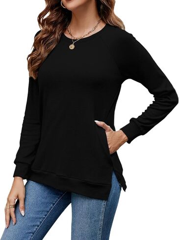 Hount Womens Round Neck Long Sleeve Shirts Casual Side Split Tunic Tops Loose Fitting Shirts with Pockets in Kuwait