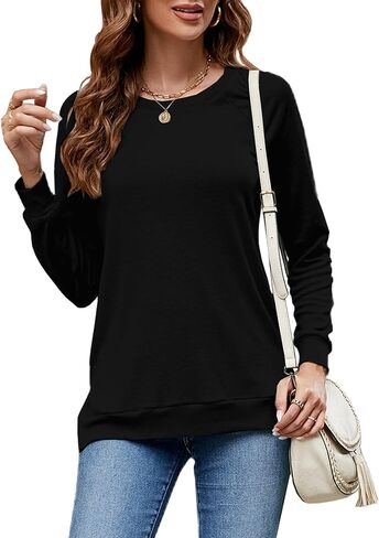 Hount Womens Round Neck Long Sleeve Shirts Casual Side Split Tunic Tops Loose Fitting Shirts with Pockets in Kuwait