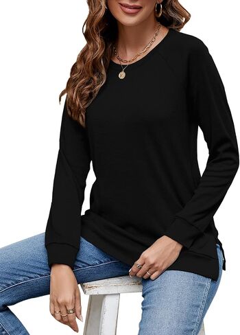 Hount Womens Round Neck Long Sleeve Shirts Casual Side Split Tunic Tops Loose Fitting Shirts with Pockets in Kuwait