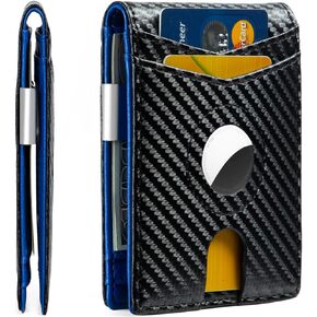 Huztencor AirTag Wallet, Mens Slim Wallet with Money Clip RFID Blocking Bifold Credit Card Holder Case for Apple Air Tag Carbon Fiber Black and Orange