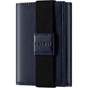 VULKIT Minimalist Leather Rfid Blocking Trifold Wallet with Elastic Band Credit Card Holder with 3 ID windows & Zipper Pocket for Men (Black)