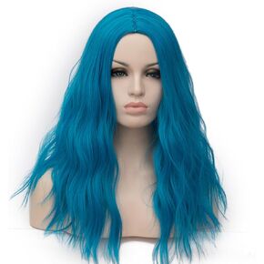 BUFASHION 20" Long Wavy Curly Water Blue Synthetic Wig for Women Girls Cosplay Wig Halloween Costume Wig with Wig Cap(Light Blue)