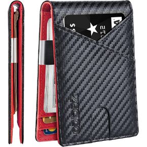 ZECICO Mens Slim Wallet Money Clip: Bifold Leanther Wallets RFID Blocking Front Pocket Wallets Credit Card Holder with ID Window Gifts for Men (Carbon Black/Orange)