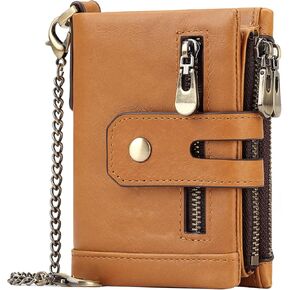 gzcz Chain Wallet for Men, RFID Blocking Men's Genuine Leather Wallet Bifold Wallet with Credit Card Holder and Zipper Coin Pocket Purse, Black