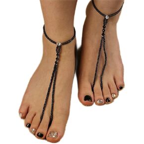 Kenjudess Boho Multi-colored Beaded Barefoot Sandals 2pcs Elastic Crystal Anklet with Toe Ring Summer Beach Wedding Bridal Foot Chain Accessories for Women and Girls (Black B)