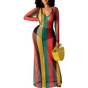 YouSexy Women's Sexy Swimsuit Maxi Dress Cover Up Long Sleeve Hollow Out Fishnet See Through Summer Beach Swimwear in Kuwait